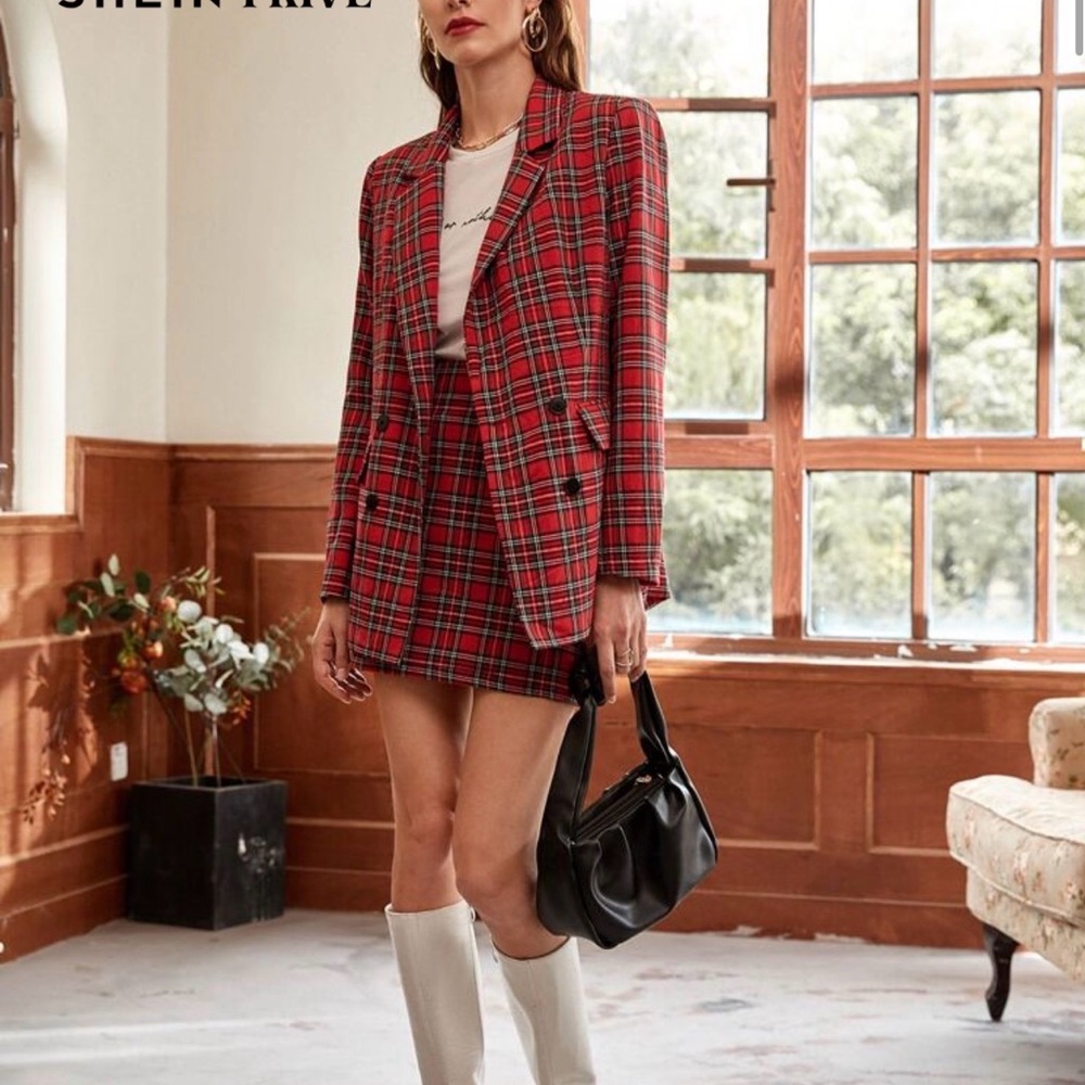 SHEIN Red Plaid Women's Blazer